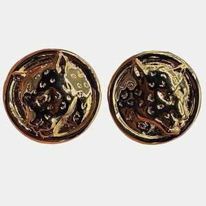 Vintage cougar head gold colored metal disk pierced earrings